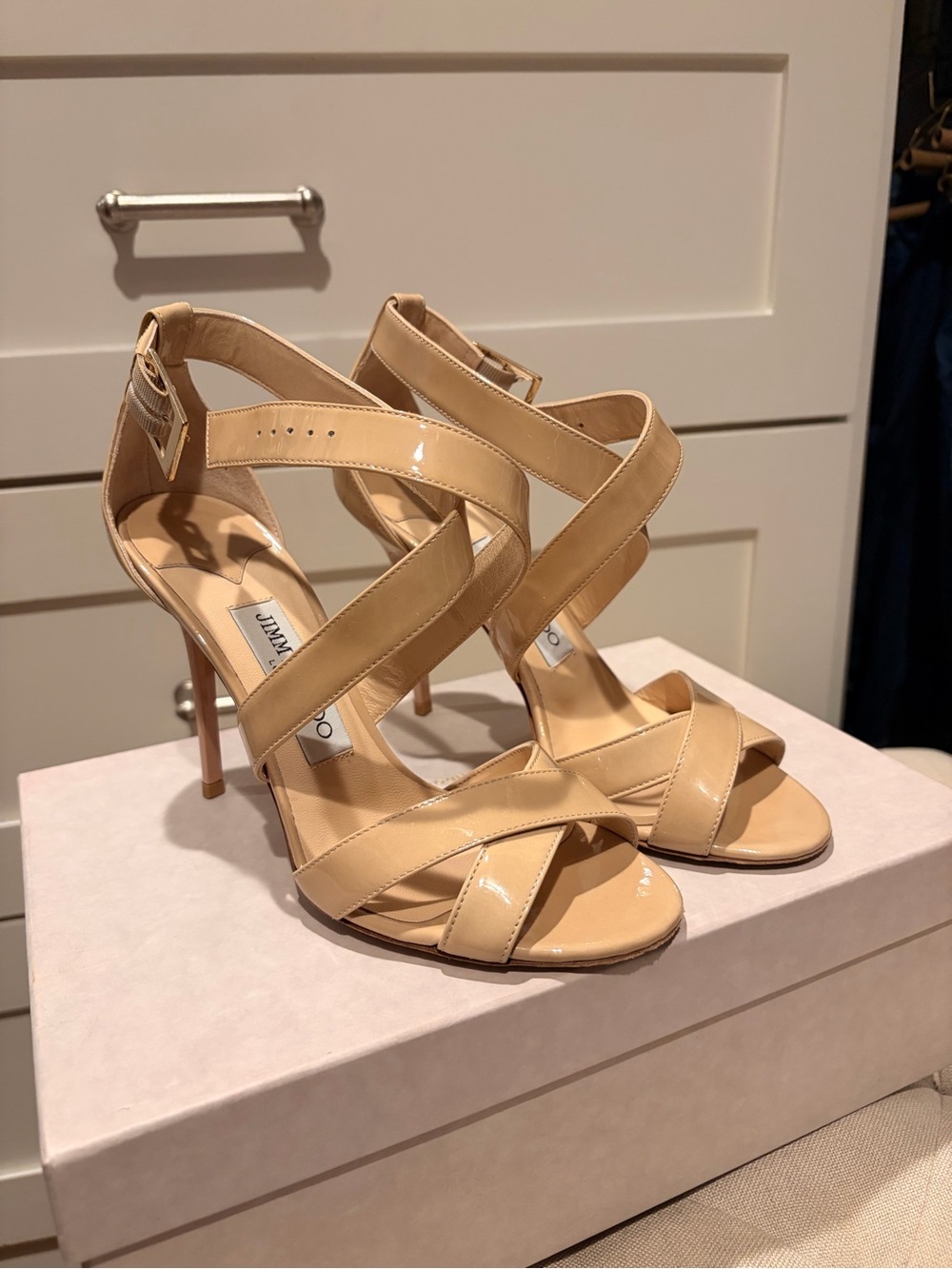 Jimmy Choo Lottie Patent Nude Strappy Stiletto Sandal - Picture 7 of 8